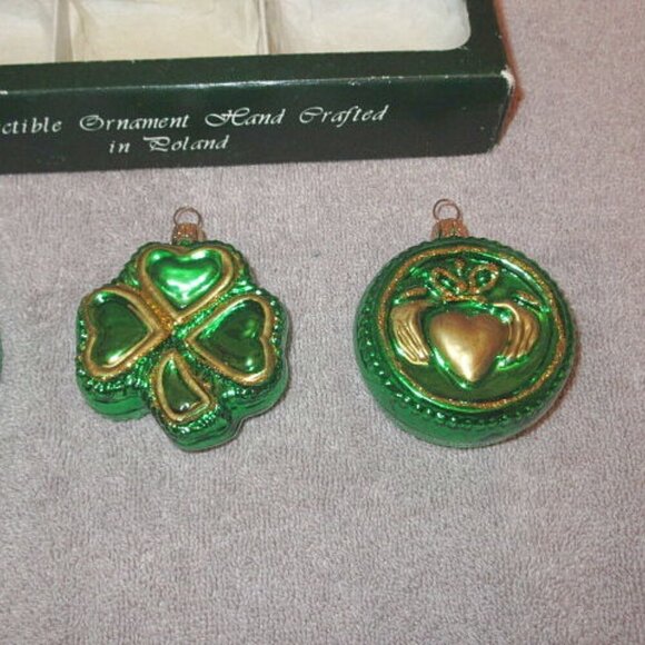 Vtg Blown Glass Chrismtas Ornaments Glitter Irish Celtic Cross Claddagh Shamrock - Picture 3 of 10